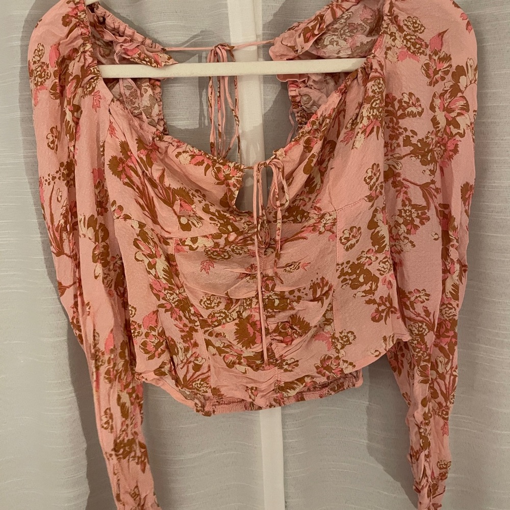 Free People Orange Pink Long Sleeve Crop Blouse